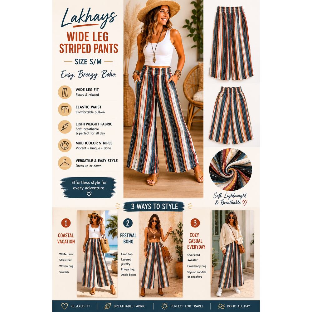 Lakhays Wide Leg Pants Striped Elastic Waist Boho Festival Lounge S/M